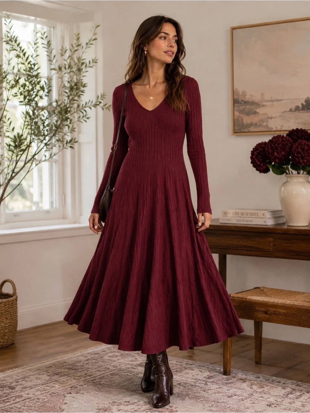 NWT Halara Burgundy Ribbed V Neck Fit Flare Midi Dress M